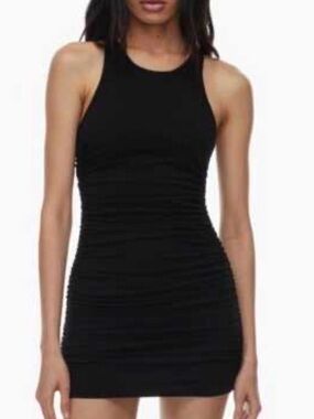 Aritzia TNA Chill Malibu Ruched Stretch Cotton Bodycon Black Dress